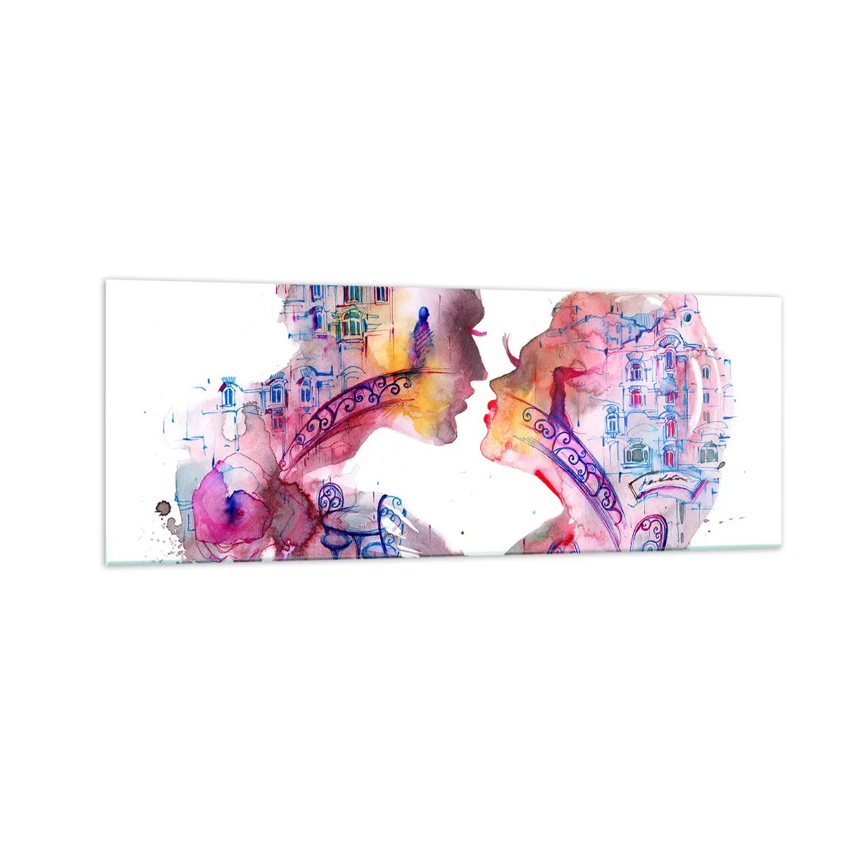 Cuadro sobre vidrio - Impresiones sobre Vidrio - Una acuarela romántica que representa las siluetas de los amantes. - 140x50cm - Un puente secreto de suspiros - Decoración de pared moderna para salón y dormitorio ARTTOR