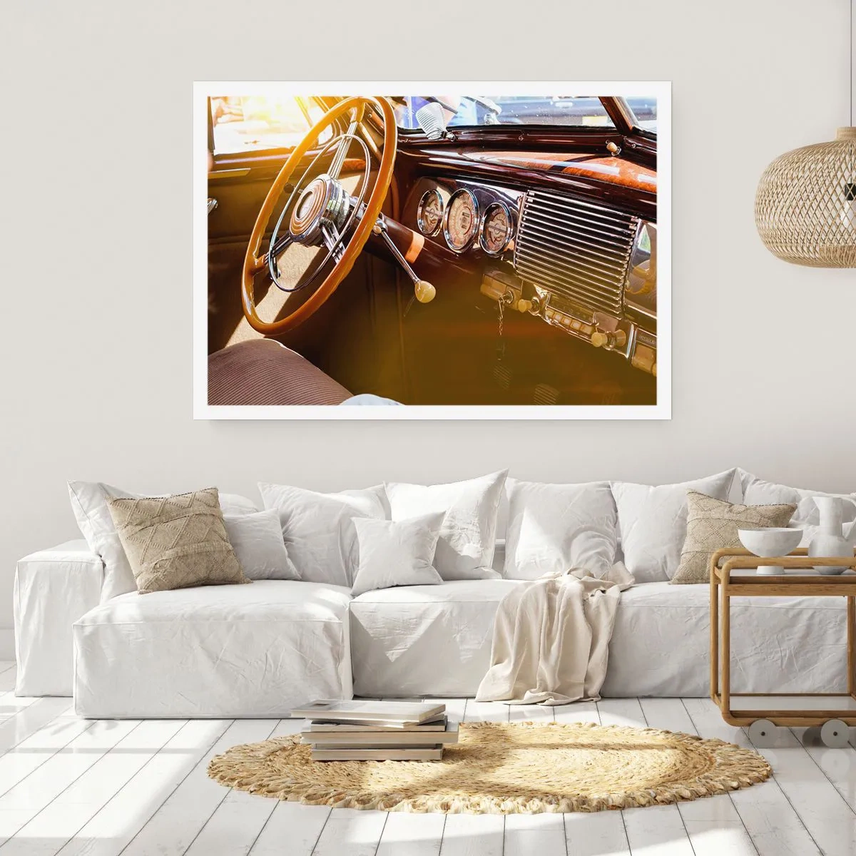 Póster - Primer plano del interior de un coche clásico con detalles en madera y cromo. - 100x70cm - Un soplo de lujo del pasado - Decoración de pared moderna para salón y dormitorio ARTTOR
