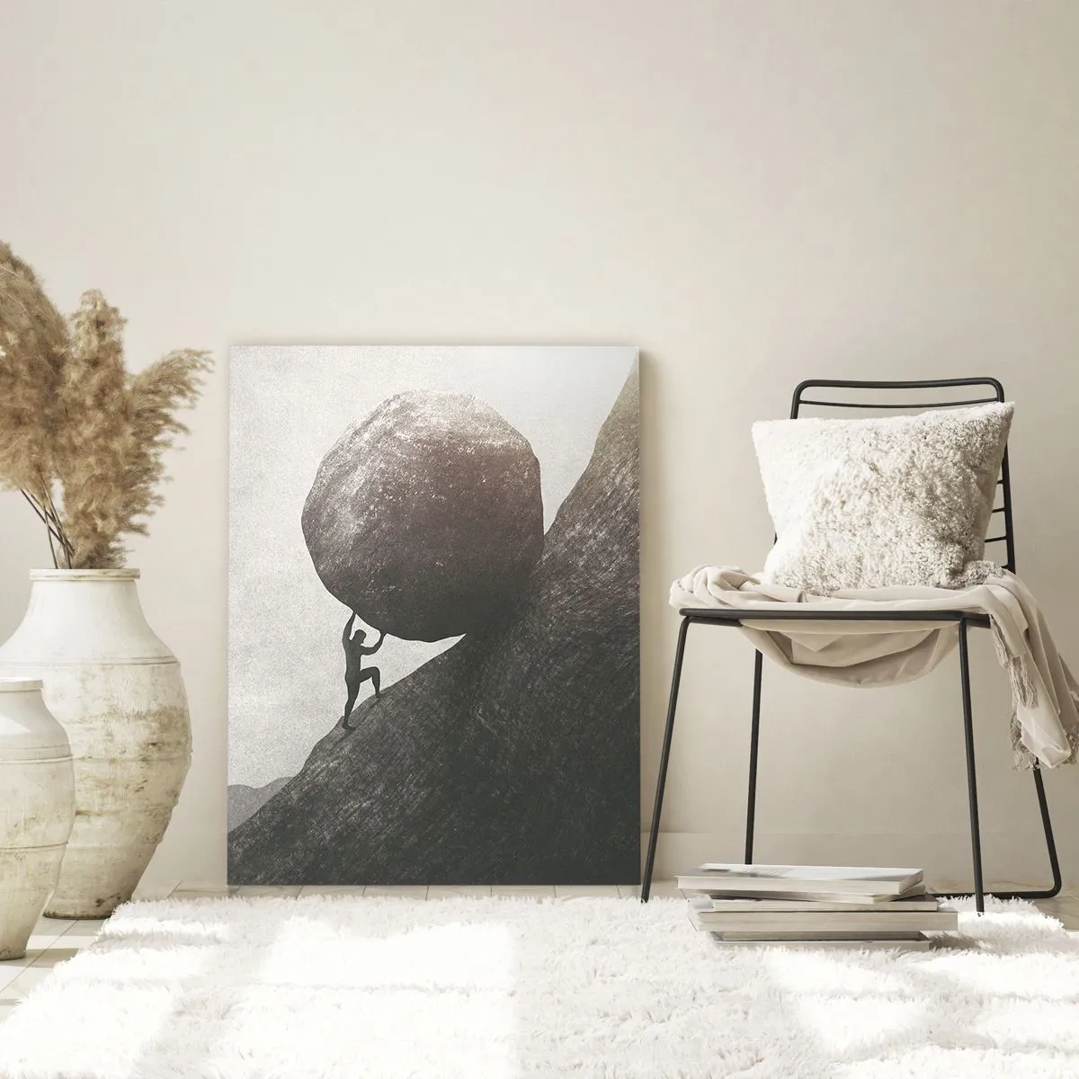 Cuadro sobre vidrio - Impresiones sobre Vidrio - Una figura empujando una roca cuesta arriba contra un paisaje montañoso. - 50x70cm - Creo, contra toda esperanza - Decoración de pared moderna para salón y dormitorio ARTTOR