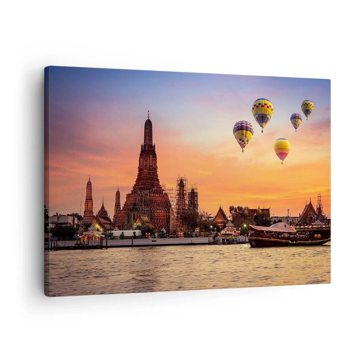 Cuadro sobre lienzo - Impresión de Imagen - Un templo y globos con el sol poniente sobre el río como telón de fondo. - 70x50cm - Aquí es donde nacen los cuentos de hadas - Decoración de pared moderna para salón y dormitorio ARTTOR