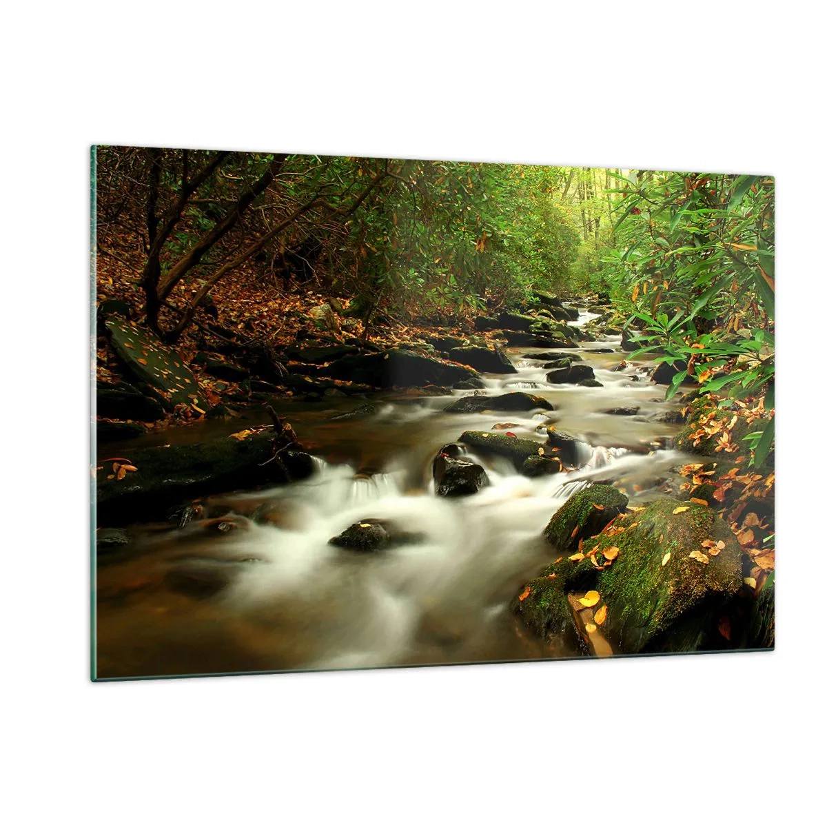 Cuadro sobre vidrio - Impresiones sobre Vidrio - Un arroyo en el bosque rodeado de piedras y hojas. - 120x80cm - Como plata líquida - Decoración de pared moderna para salón y dormitorio ARTTOR