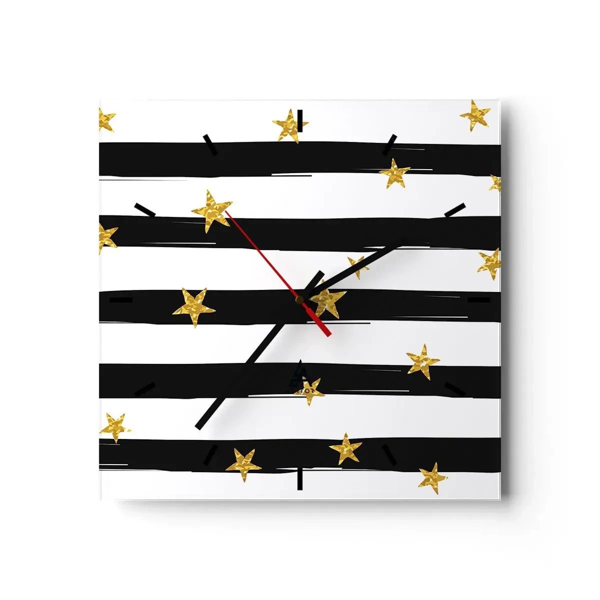 Reloj de pared - Reloj de vidrio - Rayas blancas y negras con estrellas doradas - 30x30cm - Todos hemos nacido bajo una estrella de la suerte - Decoración de pared moderna para salón y dormitorio ARTTOR