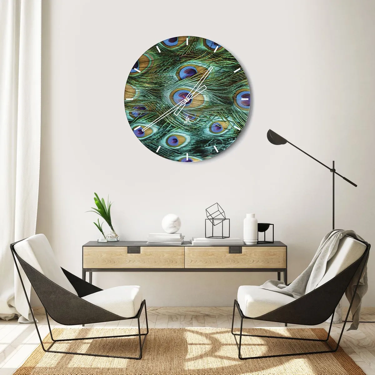 Reloj de pared - Reloj de vidrio - Mirada de pavo real - 30x30 cm