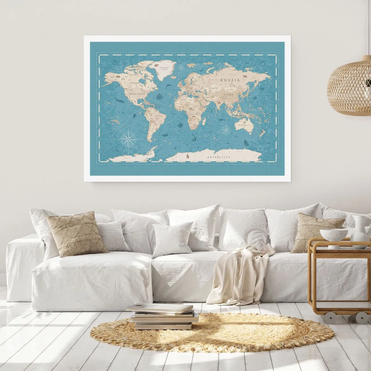 Póster - Mapa del mundo decorativo en tonos azules y beige - 100x70cm - Un mundo al alcance de la mano - Decoración de pared moderna para salón y dormitorio ARTTOR