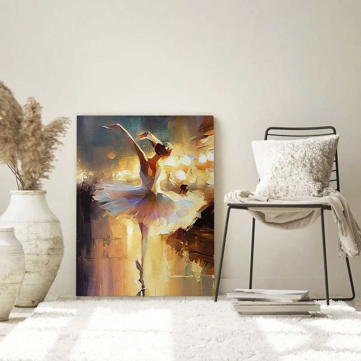 Cuadro sobre vidrio - Impresiones sobre Vidrio - Una bailarina bailando frente a un escenario iluminado. - 80x120cm - Un milagro en la calle - Decoración de pared moderna para salón y dormitorio ARTTOR