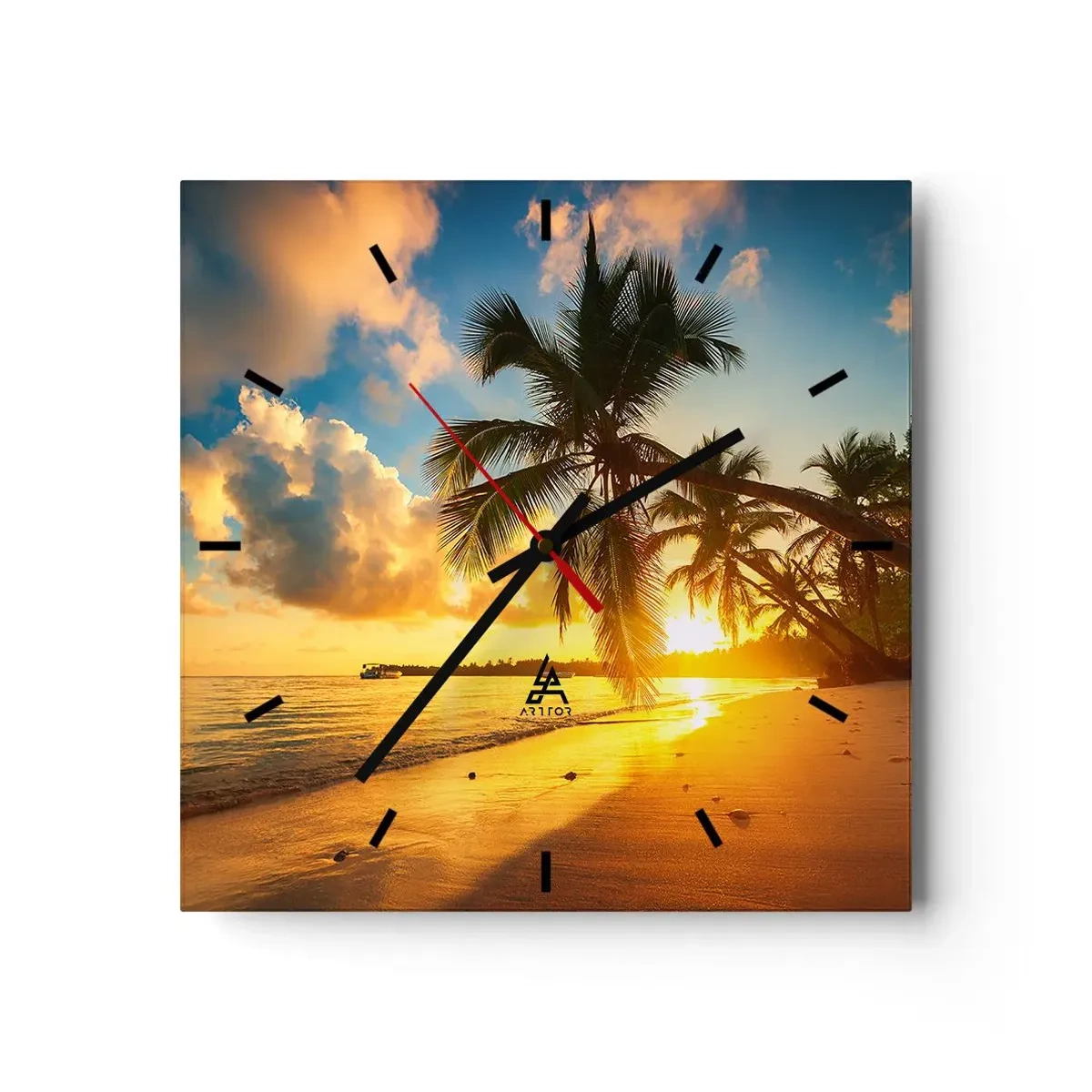 Reloj de pared - Reloj de vidrio - Playa al atardecer con palmeras en la orilla del mar - 30x30cm - Un sueño caribeño - Decoración de pared moderna para salón y dormitorio ARTTOR