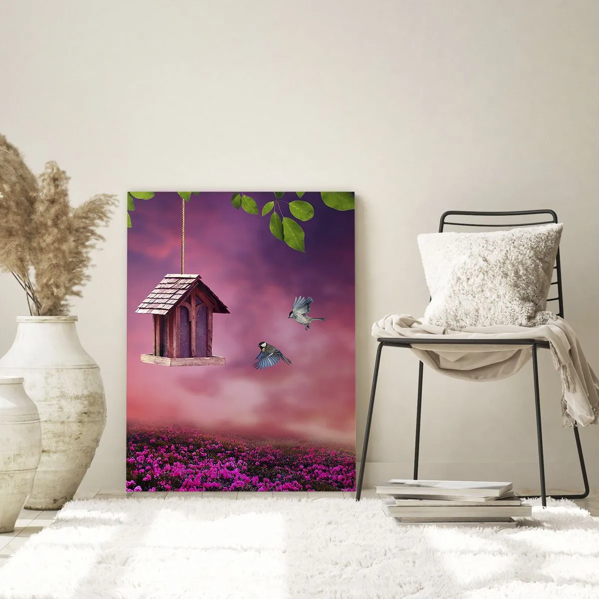 Cuadro sobre vidrio - Impresiones sobre Vidrio - Un comedero para pájaros contra un cielo rosado. - 50x70cm - Invitación a una cena - Decoración de pared moderna para salón y dormitorio ARTTOR