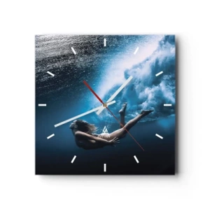 Reloj de pared - Reloj de vidrio - Fotografía submarina con una mujer y burbujas de aire. - 30x30cm - Una sirena contemporánea - Decoración de pared moderna para salón y dormitorio ARTTOR