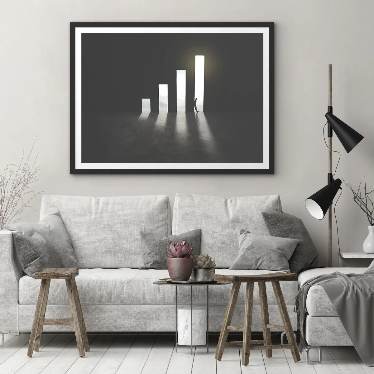 Póster en marco negro - Crecimiento simbólico en forma de pasajes iluminados por la luz. - 70x50cm - El camino del éxito - Decoración de pared moderna para salón y dormitorio ARTTOR