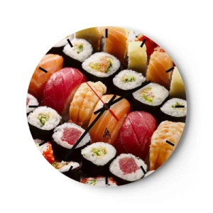 Reloj de pared - Reloj de vidrio - Primer plano de sushi colorido en diferentes tipos. - 30x30cm - Colores y sabores de Asia - Decoración de pared moderna para salón, cocina y dormitorio ARTTOR