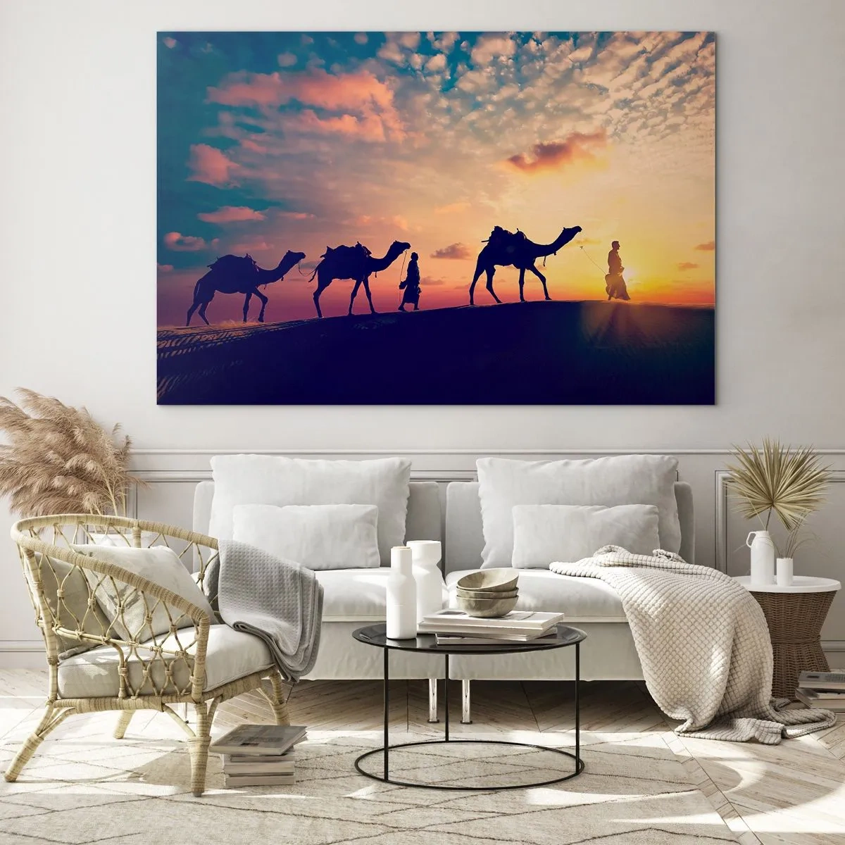 Cuadro sobre vidrio - Impresiones sobre Vidrio - Caravana de camellos en el desierto al atardecer - 120x80cm - El misterioso espíritu de Oriente - Decoración de pared moderna para salón y dormitorio ARTTOR