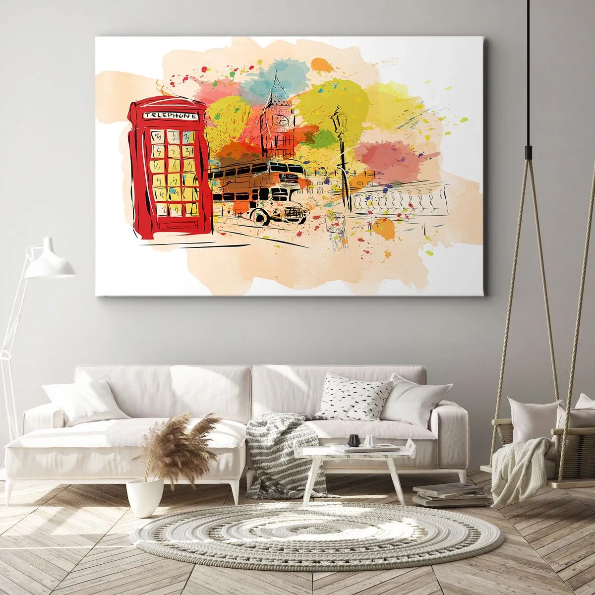 Cuadro sobre lienzo - Impresión de Imagen - Temática londinense con autobús rojo y cabina. - 70x50cm - Una ciudad de la diversidad - Decoración de pared moderna para salón y dormitorio ARTTOR
