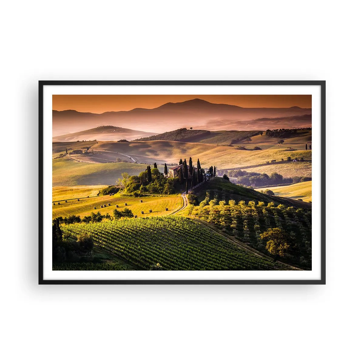 Póster en marco negro - Paisaje toscano con viñedos y una casa en una colina. - 100x70cm - Paisaje toscano - Decoración de pared moderna para salón y dormitorio ARTTOR