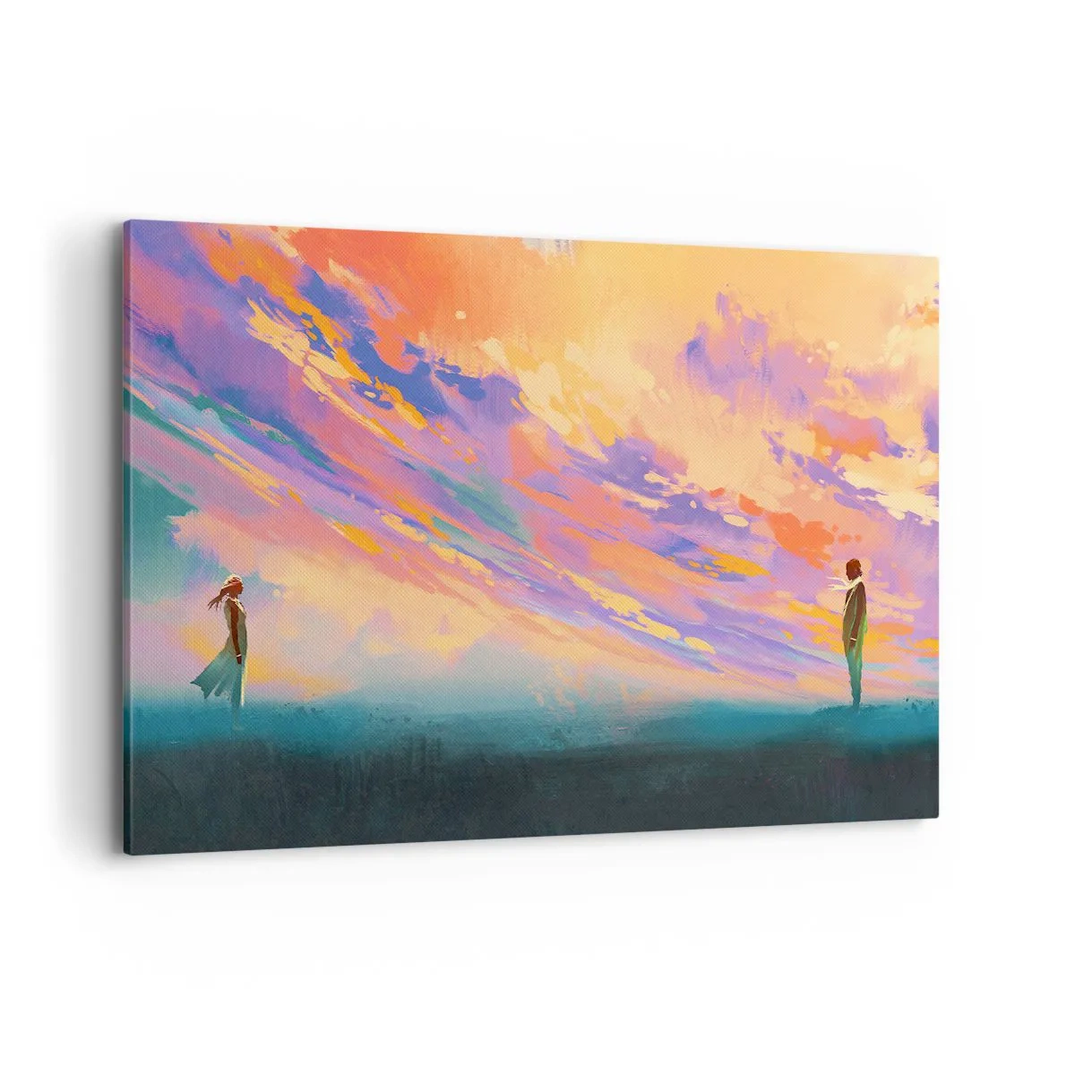 Cuadro sobre lienzo - Impresión de Imagen - Una escena dinámica con figuras contra un cielo colorido al atardecer. - 120x80cm - Fuerza de atracción - Decoración de pared moderna para salón y dormitorio ARTTOR
