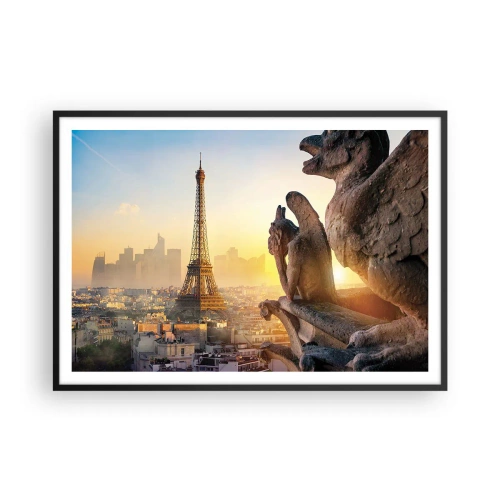 Póster en marco negro - Vista de la Torre Eiffel con gárgolas al fondo - 100x70cm - Ha cambiado tanto la ciudad... - Decoración de pared moderna para salón y dormitorio ARTTOR