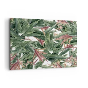 Cuadro sobre lienzo - Impresión de Imagen - Un motivo decorativo de hojas en tonos verdes y burdeos sobre un fondo claro. - 100x70cm - Naturaleza esmeralda y lila - Decoración de pared moderna para salón y dormitorio ARTTOR