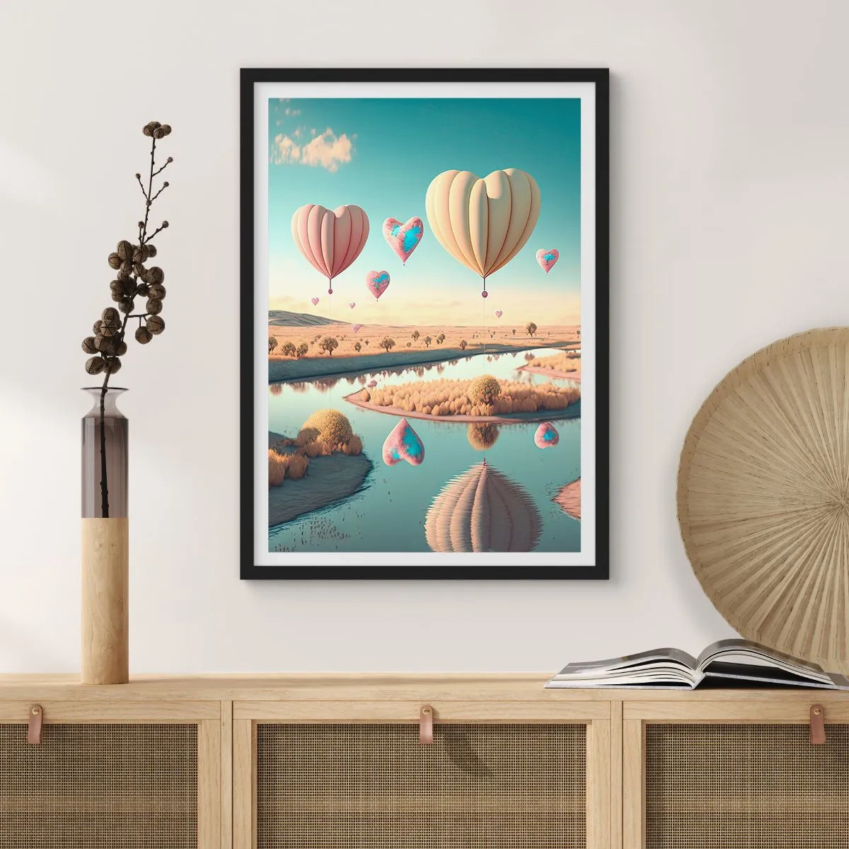 Póster en marco negro - Globos en forma de corazón flotando sobre el paisaje. - 50x70cm - El amor te hace volar - Decoración de pared moderna para salón y dormitorio ARTTOR