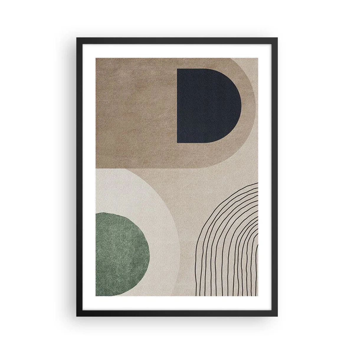 Póster en marco negro - Abstracción geométrica en tonos beige, verde y negro. - 50x70cm - La delicadeza de un óvalo - Decoración de pared moderna para salón y dormitorio ARTTOR