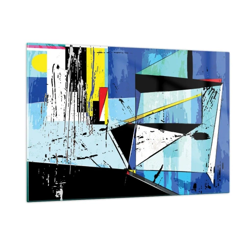 Cuadro sobre vidrio - Impresiones sobre Vidrio - Composición geométrica abstracta en tonos azules. - 120x80cm - Mirando el mundo desde un ángulo distinto - Decoración de pared moderna para salón y dormitorio ARTTOR