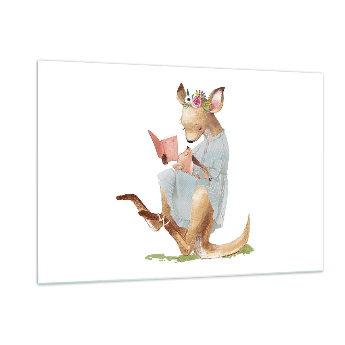 Cuadro sobre vidrio - Impresiones sobre Vidrio - Una madre canguro leyéndole un libro a un bebé canguro. - 120x80cm - Léeme un cuento, mamá - Decoración de pared moderna para salón y dormitorio ARTTOR