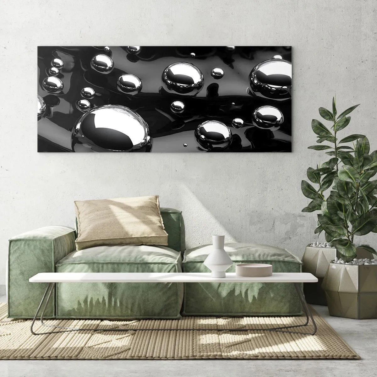 Cuadro sobre vidrio - Impresiones sobre Vidrio - Gotas abstractas sobre una superficie negra - 140x50cm - De las negras profundidades - Decoración de pared moderna para salón y dormitorio ARTTOR