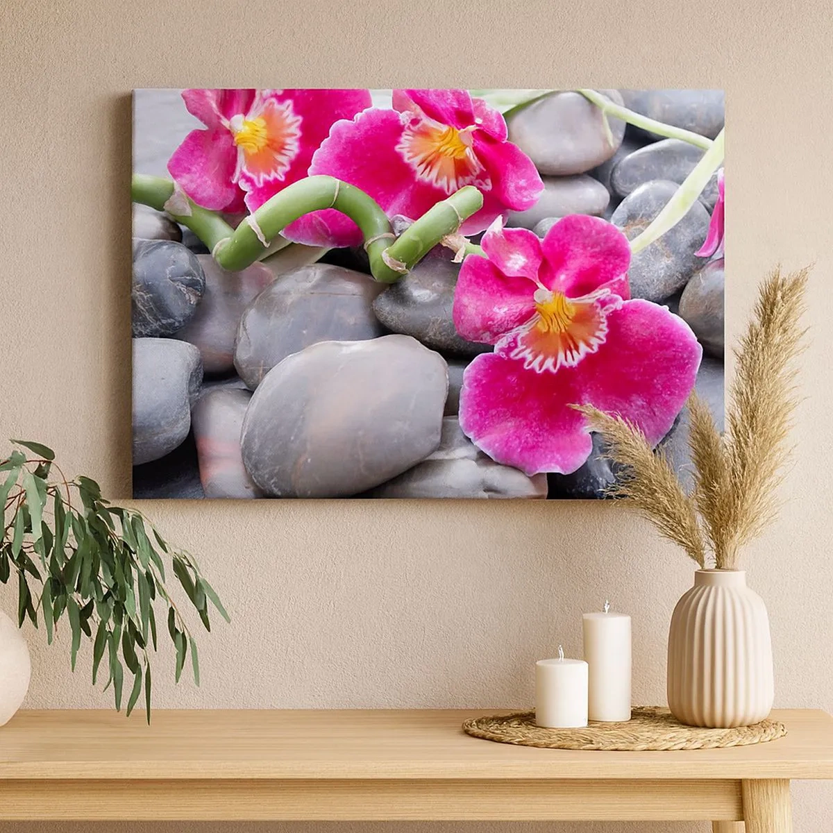 Cuadro sobre lienzo - Impresión de Imagen - Orquídeas rosas sobre un fondo de piedras lisas. - 70x50cm - Frío y calor - Decoración de pared moderna para salón y dormitorio ARTTOR
