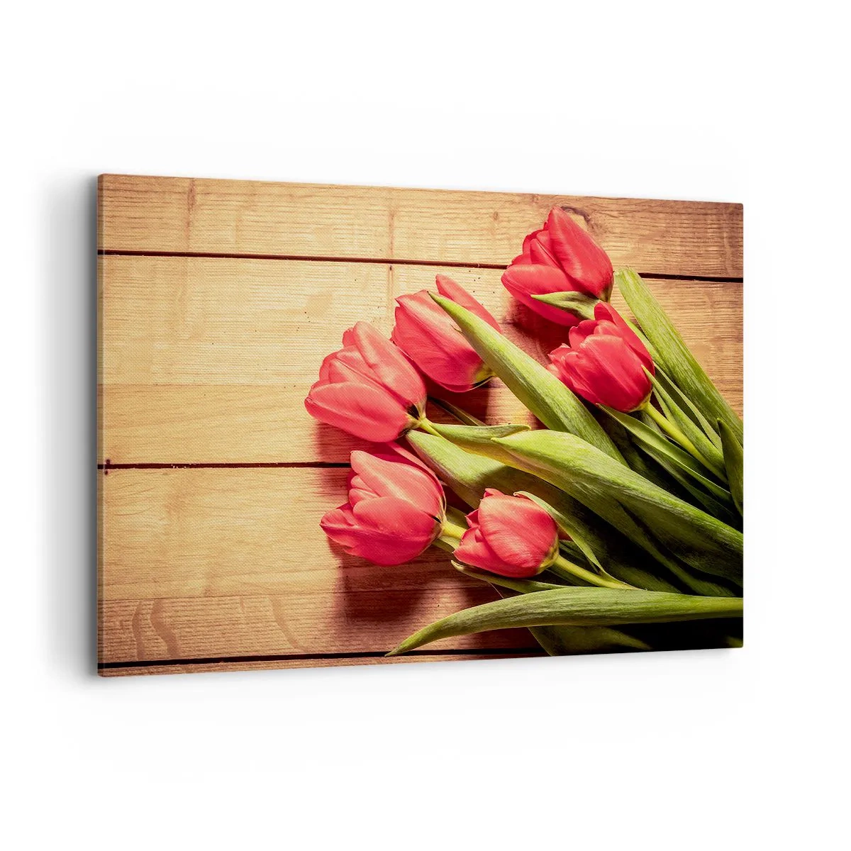Cuadro sobre lienzo - Impresión de Imagen - Un ramo de tulipanes rosas sobre un fondo de madera. - 100x70cm - Una confesión primaveral - Decoración de pared moderna para salón y dormitorio ARTTOR