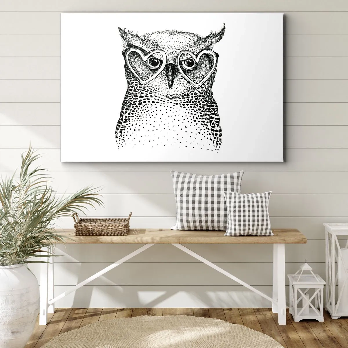 Cuadro sobre lienzo - Impresión de Imagen - Gráfico elegante de un búho con gafas en forma de corazón. - 70x50cm - Con sabiduría y amor - Decoración de pared moderna para salón y dormitorio ARTTOR
