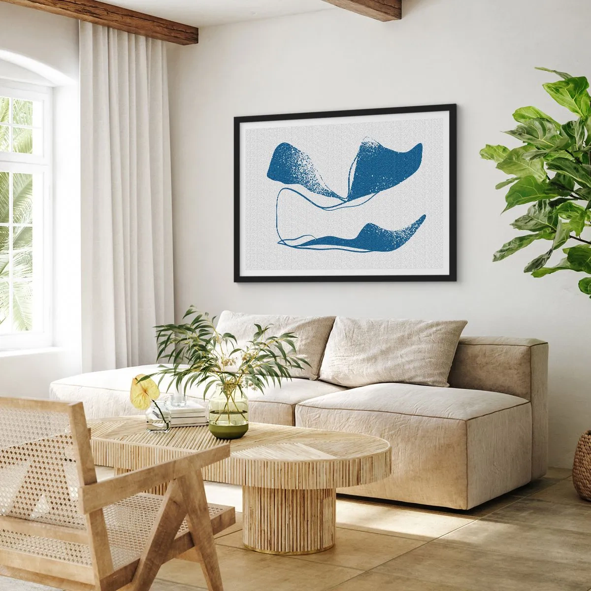 Póster en marco negro - Formas abstractas en tonos azules sobre un fondo blanco. - 70x50cm - Abstracción con alas - Decoración de pared moderna para salón y dormitorio ARTTOR