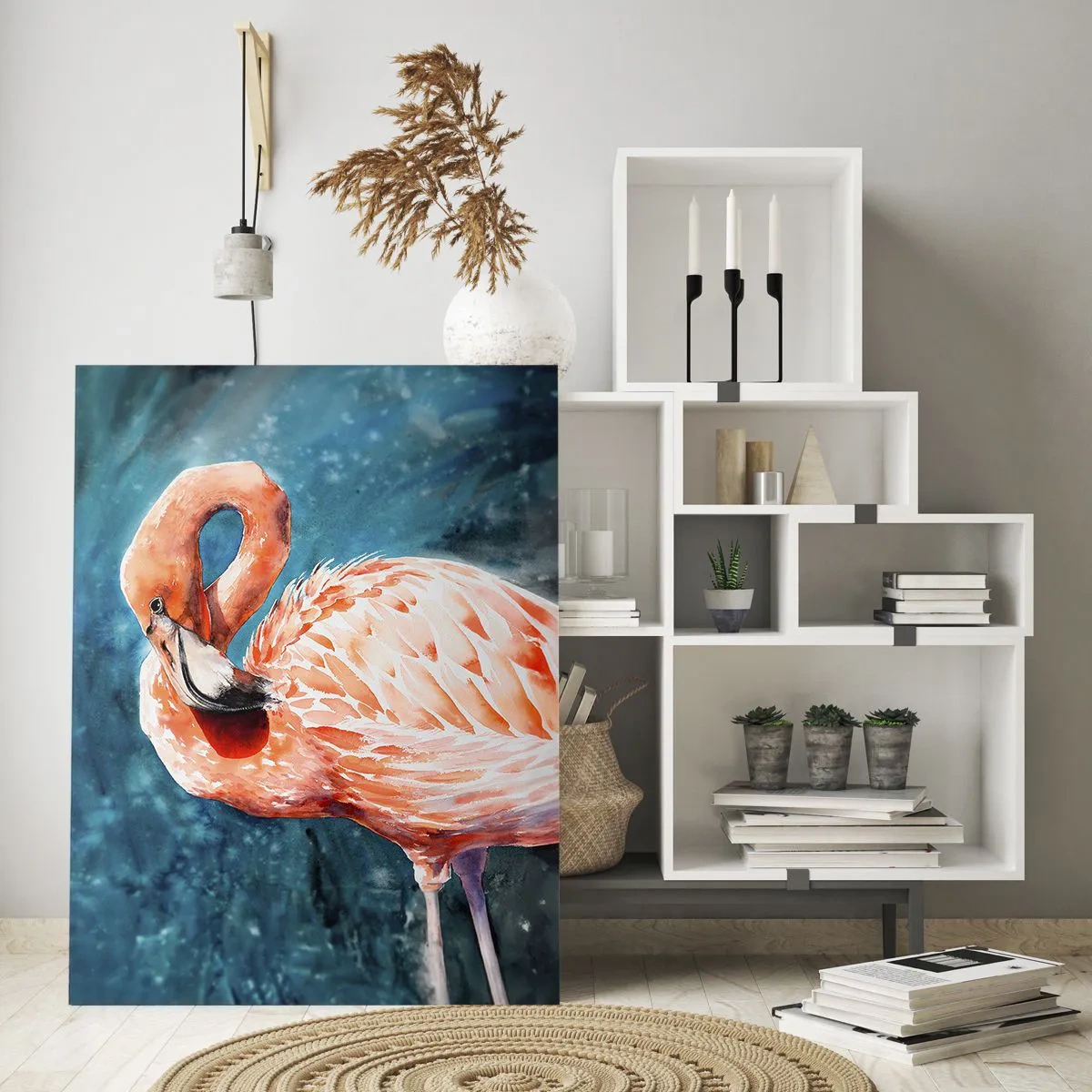 Cuadro sobre vidrio - Impresiones sobre Vidrio - Un flamenco rosado sobre un fondo de acuarela azul. - 50x70cm - Decorativo por naturaleza - Decoración de pared moderna para salón y dormitorio ARTTOR