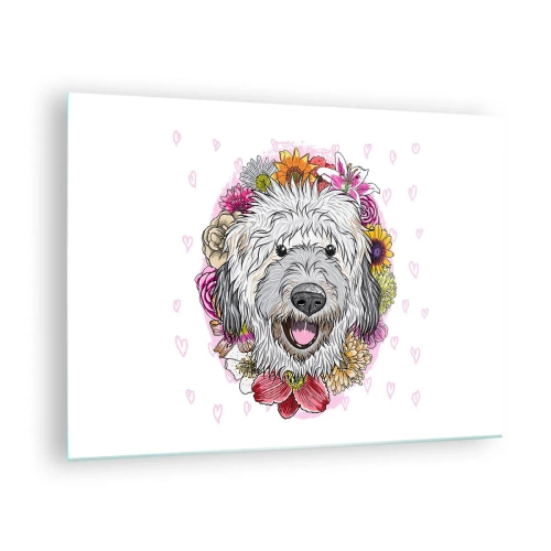 Cuadro sobre vidrio - Impresiones sobre Vidrio - Ilustración de un perro rodeado de flores. - 70x50cm - Alegría de cachorro - Decoración de pared moderna para salón y dormitorio ARTTOR