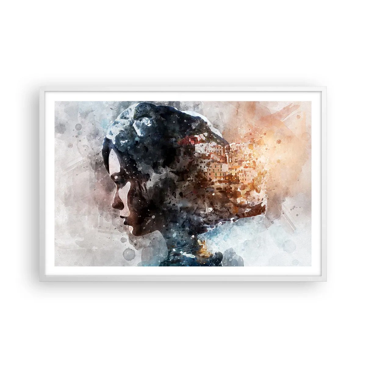 Póster en marco blanco - Una historia sobre una niña con una ciudad de fondo - 91x61 cm