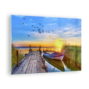 Cuadro sobre vidrio - Impresiones sobre Vidrio - Muelle de madera sobre un lago con un barco al amanecer - 70x50cm - Adiós, hasta mañana - Decoración de pared moderna para salón y dormitorio ARTTOR