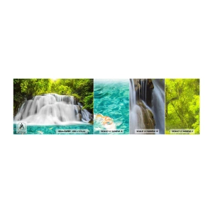 Muestra de fotomural autoadhesivo Deluxe Sticker - Cascada espumosa, de verde a azul - Paisaje, Cascada, parque Nacional - 100x30 cm