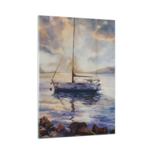 Cuadro sobre vidrio - Impresiones sobre Vidrio - Un yate amarrado en una bahía tranquila al anochecer. - 50x70cm - Atardecer en la bahía - Decoración de pared moderna para salón y dormitorio ARTTOR