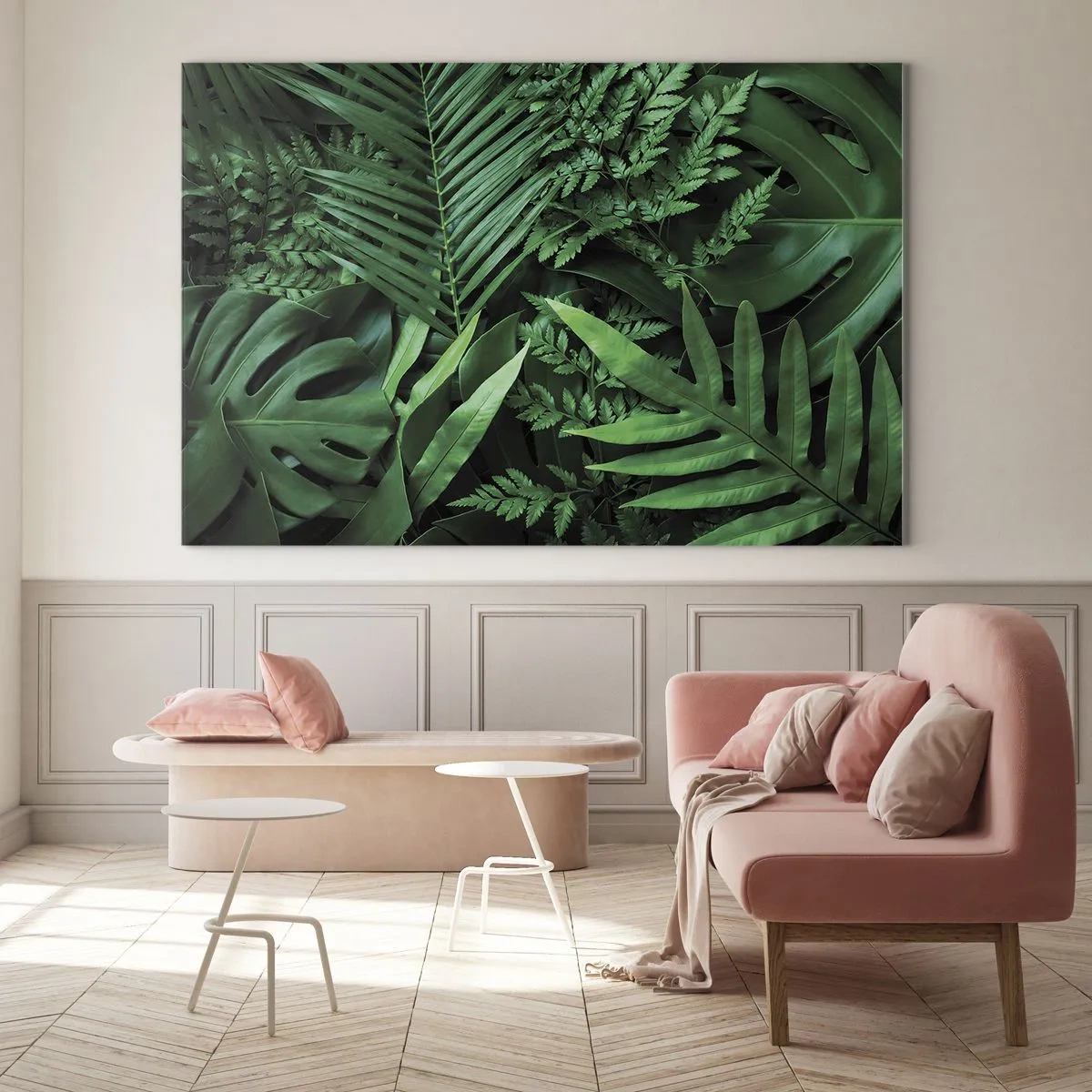 Cuadro sobre vidrio - Impresiones sobre Vidrio - Densas hojas verdes de plantas tropicales en la composición. - 70x50cm - Abrazo verde - Decoración de pared moderna para salón y dormitorio ARTTOR