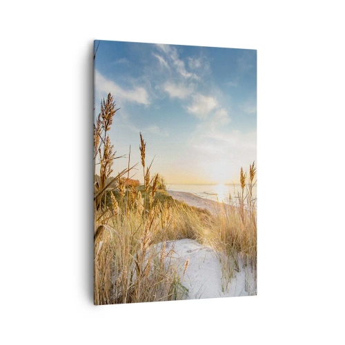 Cuadro sobre lienzo - Impresión de Imagen - Una playa pintoresca con césped y la puesta de sol. - 70x100cm - Playa del norte - Decoración de pared moderna para salón y dormitorio ARTTOR