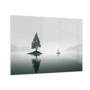 Cuadro sobre vidrio - Impresiones sobre Vidrio - Un árbol solitario en una isla y un velero en un lago tranquilo. - 100x70cm - Un sueño hecho realidad - Decoración de pared moderna para salón y dormitorio ARTTOR