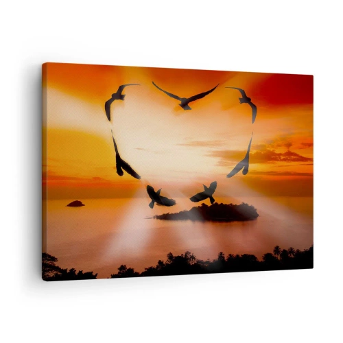 Cuadro sobre lienzo - Impresión de Imagen - Pájaros formando un corazón con el sol poniente como telón de fondo. - 70x50cm - Ama el mundo como los pájaros - Decoración de pared moderna para salón y dormitorio ARTTOR