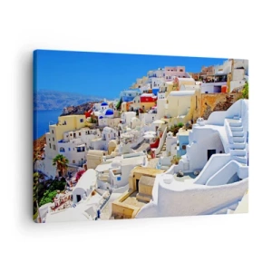 Cuadro sobre lienzo - Impresión de Imagen - Panorama de Santorini con casas blancas y cielo azul - 70x50cm - Sueño de un verano griego - Decoración de pared moderna para salón y dormitorio ARTTOR