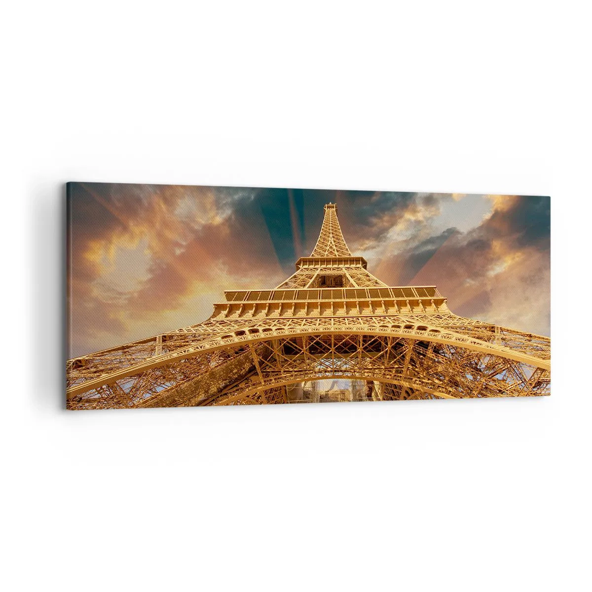 Cuadro sobre lienzo - Impresión de Imagen - La Torre Eiffel desde abajo con el sol poniente como telón de fondo - 120x50cm - Mientras la humanidad alcanza el cielo - Decoración de pared moderna para salón y dormitorio ARTTOR