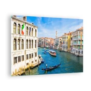 Cuadro sobre vidrio - Impresiones sobre Vidrio - Un canal en Venecia con góndolas y barcos en el agua. - 70x50cm - Tráfico único en el mundo - Decoración de pared moderna para salón y dormitorio ARTTOR