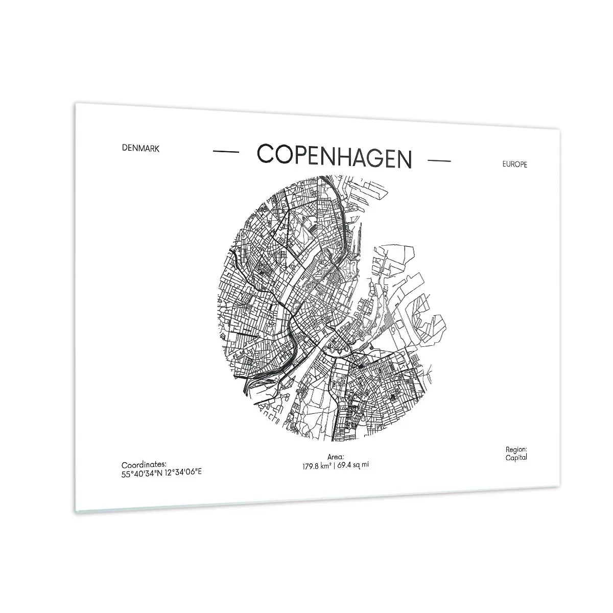 Cuadro sobre vidrio - Impresiones sobre Vidrio - Un mapa de Copenhague en forma de boceto gráfico de calles - 70x50cm - Anatomía de Copenhague - Decoración de pared moderna para salón y dormitorio ARTTOR