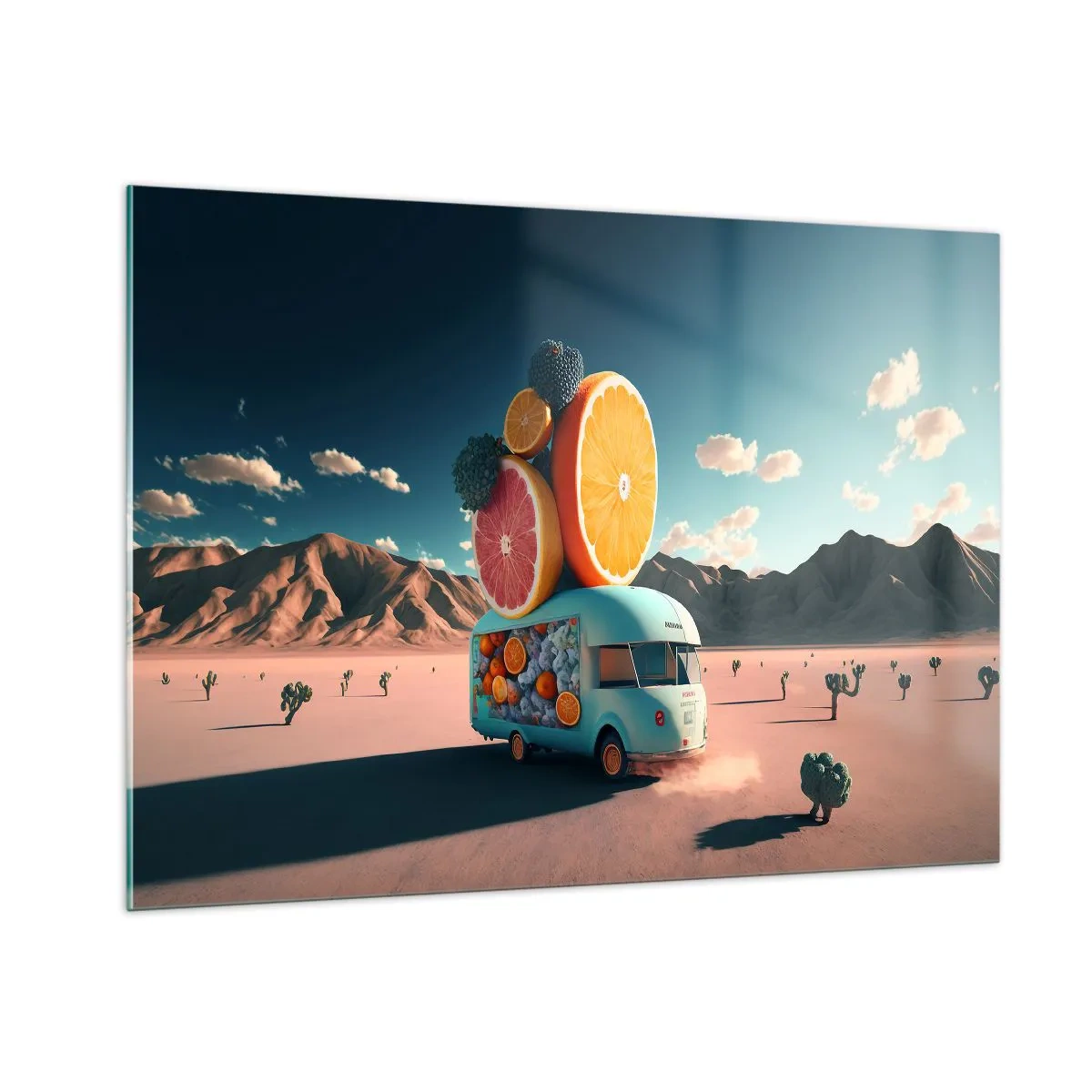 Cuadro sobre vidrio - Impresiones sobre Vidrio - Una caravana turquesa con fruta frente a un paisaje desértico. - 100x70cm - Un sabor a vacaciones - Decoración de pared moderna para salón y dormitorio ARTTOR