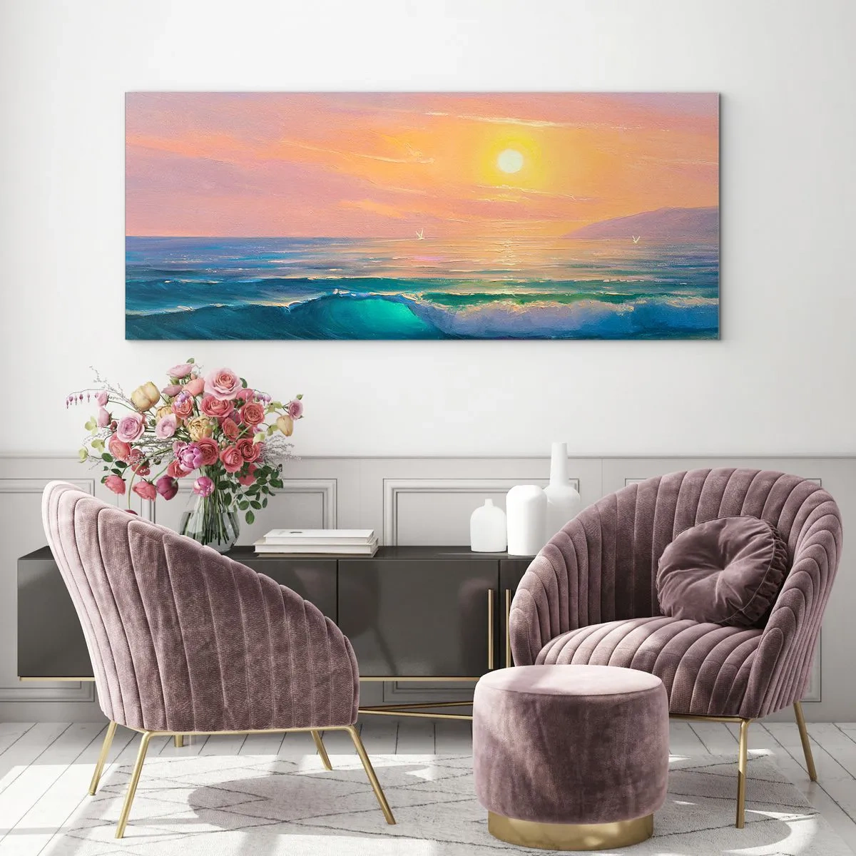 Cuadro sobre vidrio - Impresiones sobre Vidrio - El canto turquesa de las olas - 100x40 cm