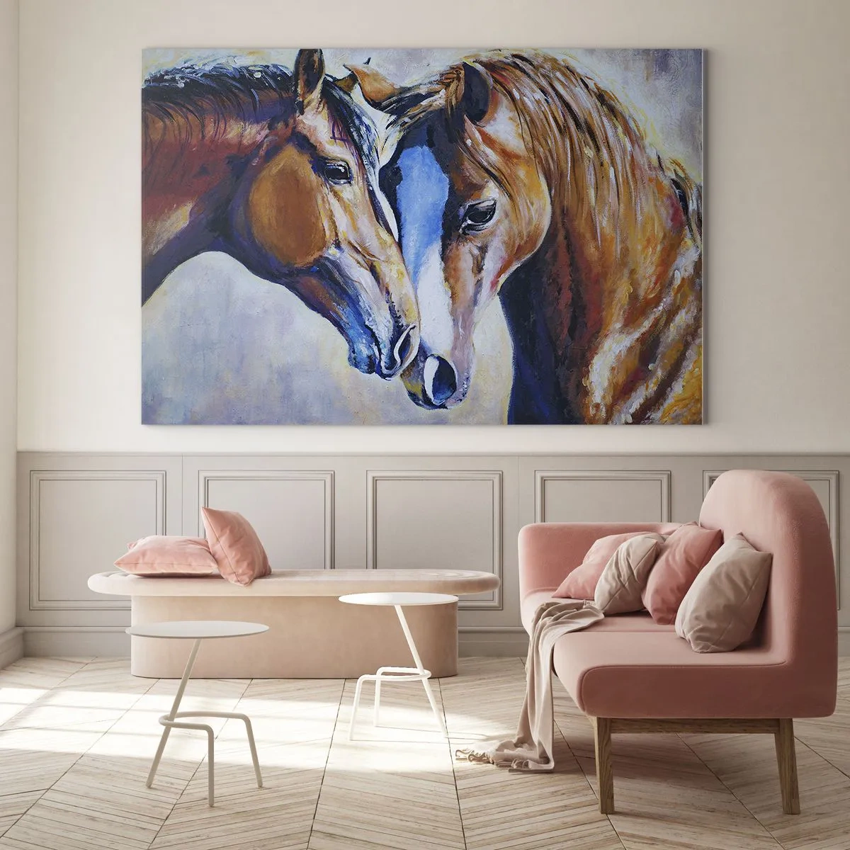 Cuadro sobre vidrio - Impresiones sobre Vidrio - Dos caballos en un tierno gesto de cercanía. - 100x70cm - ¿Esto es amistad? ¿Es amor? - Decoración de pared moderna para salón y dormitorio ARTTOR