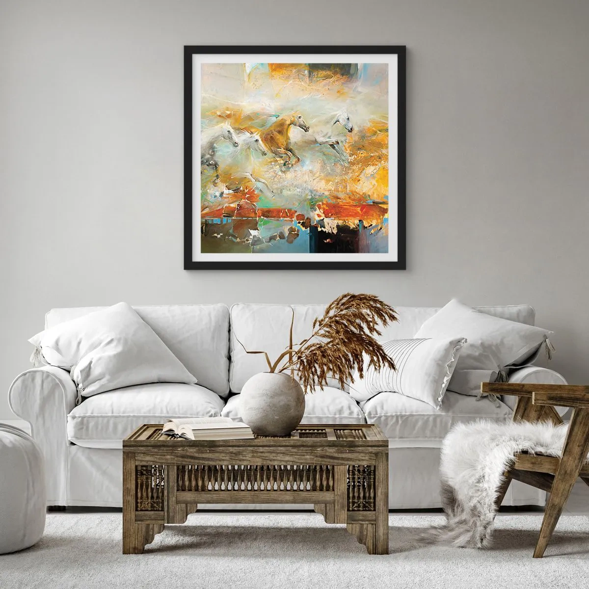 Póster en marco negro - Galopando a través de la luz - 30x30 cm