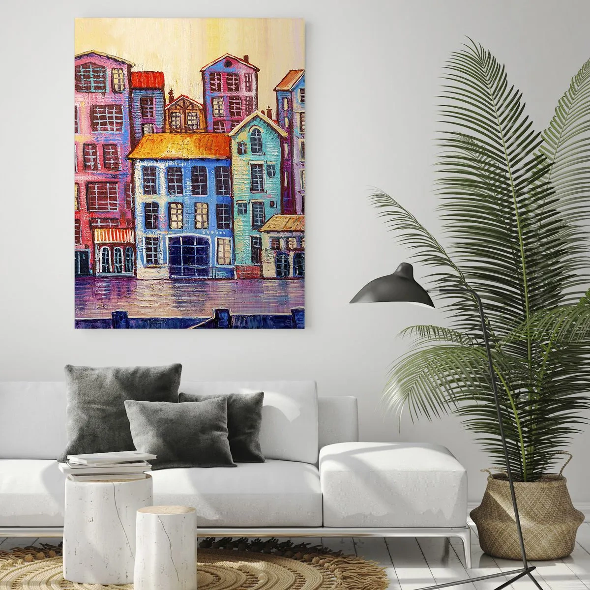 Cuadro sobre vidrio - Impresiones sobre Vidrio - Casas de vecindad coloridas junto al agua en un estilo artístico - 80x120cm - Una ciudad como un cuento de hadas - Decoración de pared moderna para salón y dormitorio ARTTOR