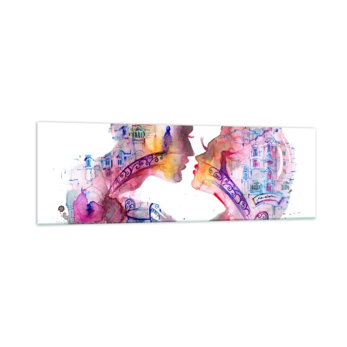 Cuadro sobre vidrio - Impresiones sobre Vidrio - Una acuarela romántica que representa las siluetas de los amantes. - 160x50cm - Un puente secreto de suspiros - Decoración de pared moderna para salón y dormitorio ARTTOR