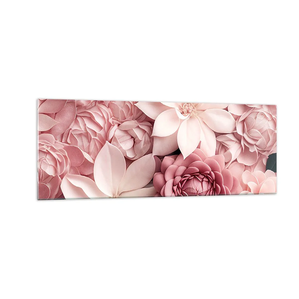 Cuadro sobre vidrio - Impresiones sobre Vidrio - Flores en tonos rosa y blanco en un enfoque artístico. - 140x50cm - Entre pétalos rosas - Decoración de pared moderna para salón y dormitorio ARTTOR